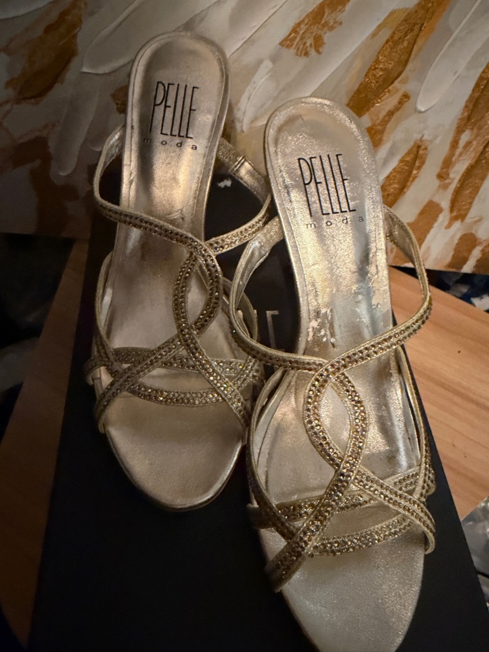 Pelle Moda Women's Gold Strappy Rhinestone Heeled Sandals